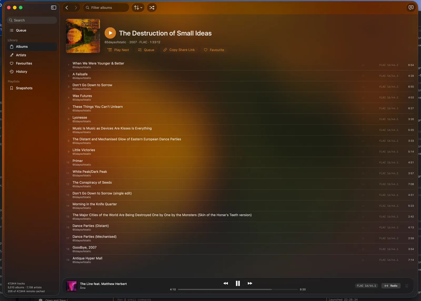 An album page in the macOS app, tinted by its cover art