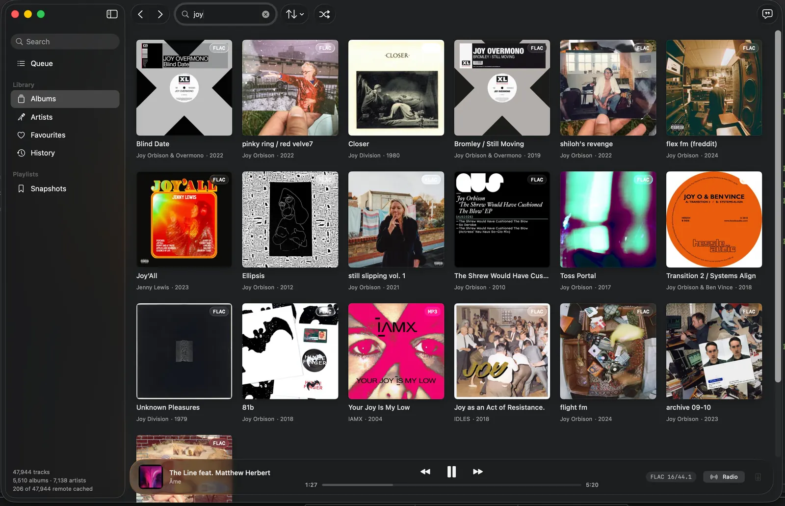 The macOS app albums view, filtered to a search
