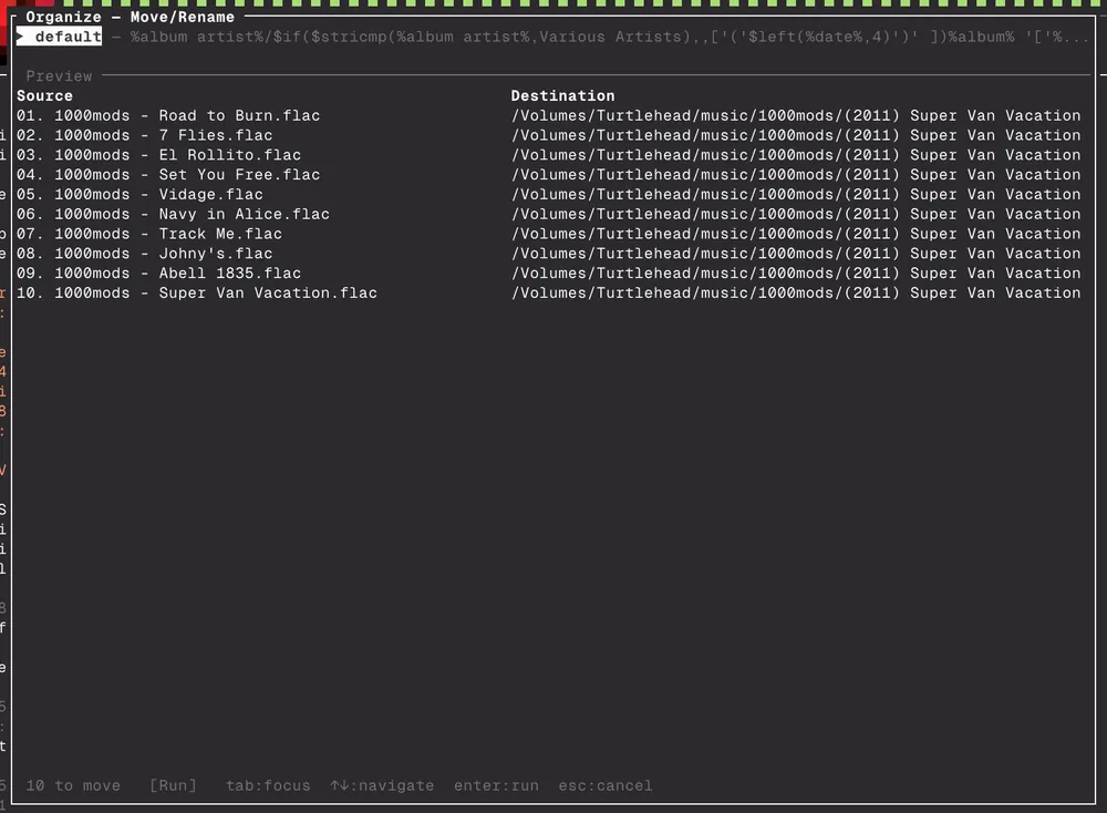 The TUI organise dialog previewing where each file will be moved