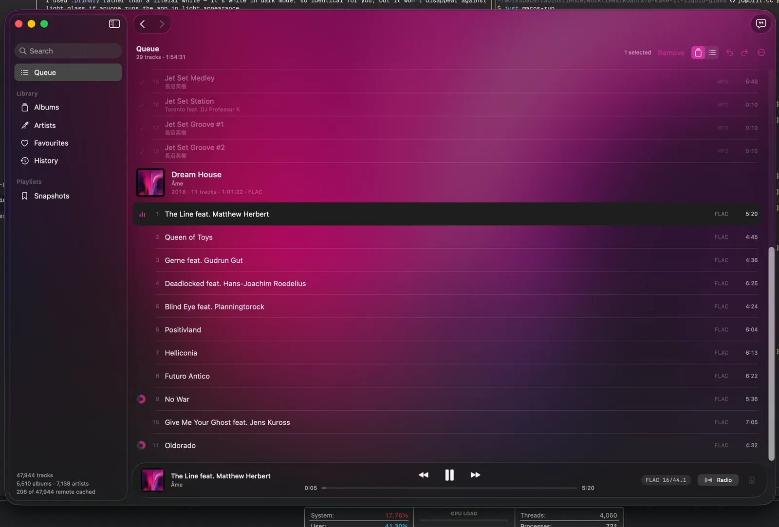 The queue in the macOS app, grouped by album, with the now-playing bar at the foot