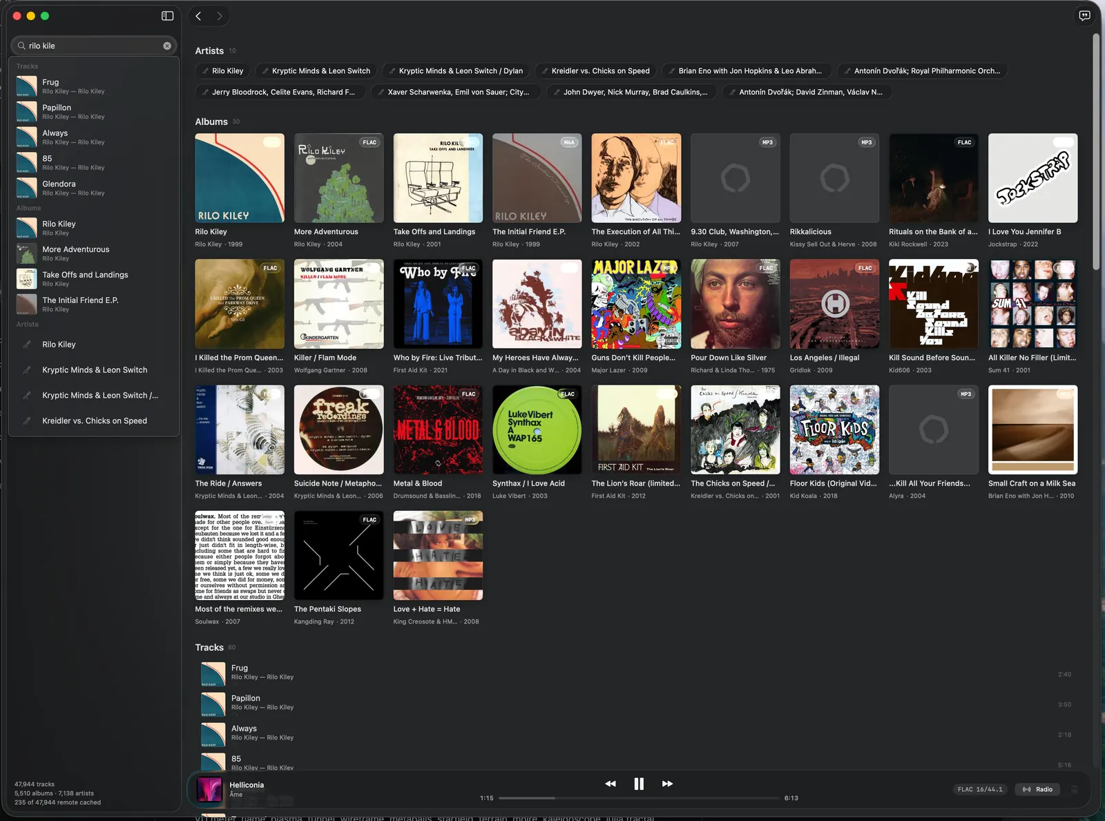 Search in the macOS app, with matching artists, albums and tracks