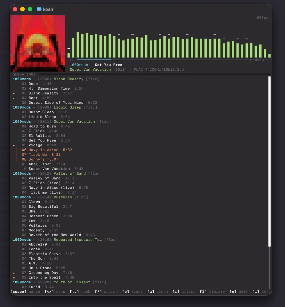 The TUI: album art and spectrum visualiser above an album-grouped queue